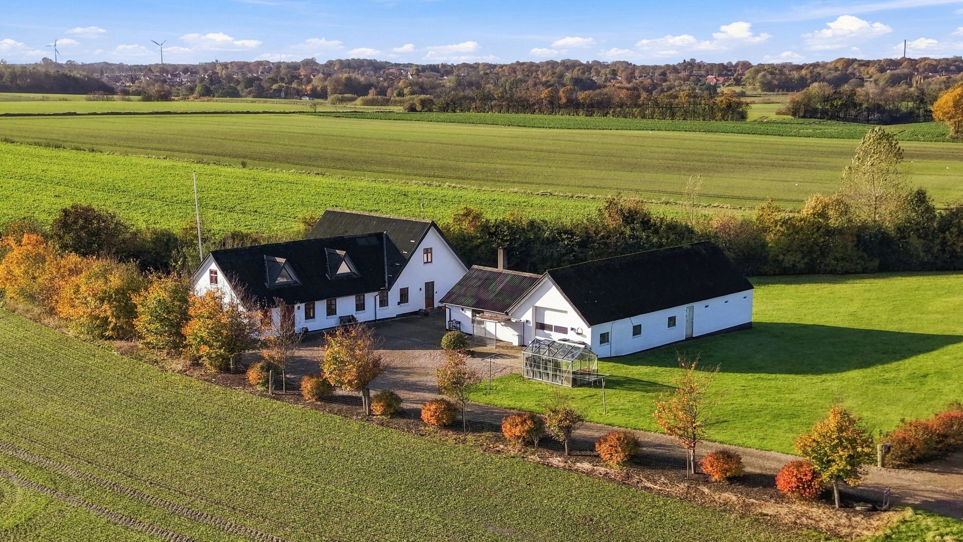 Luftfoto af hvide længer med sorte tage, drivhus og trærække langs indkørslen – villa på Moseknolde 1, Ilbjerg, 7870 Roslev i Skive Kommune